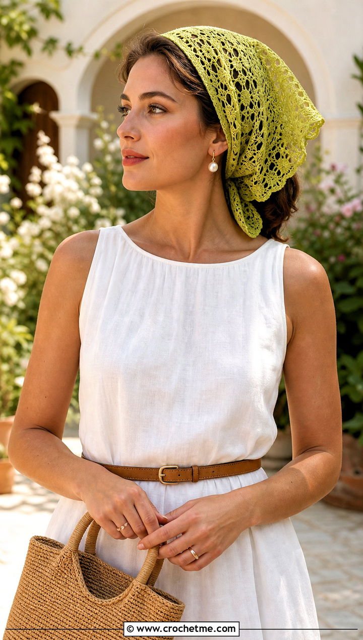 Lace Kerchief Crochet Summer Scarf With Linen Midi Dress - 30 crochet summer scarf outfit ideas