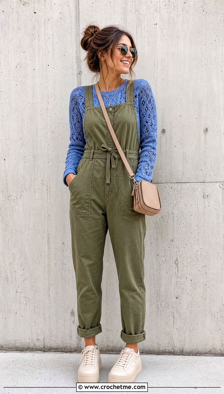 Lace Leaf Crochet Sweater With Utility Jumpsuit - 25 crochet leaf sweater outfit ideas