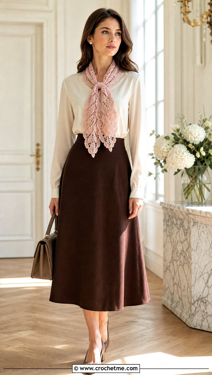 Lace Leaf Scarf With Blouse And Midi Skirt - 25 crochet leaf scarf outfit ideas