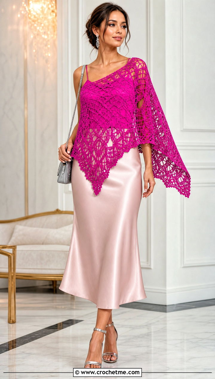 Lace Lightweight Crochet Poncho With Satin Midi Skirt - 15 Lightweight Crochet Poncho outfit ideas