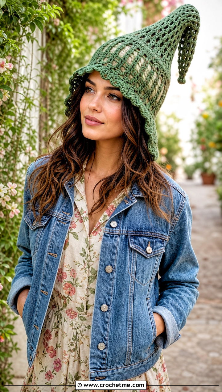 Lace Long Crochet Hat With Floral Dress - 30 crochet long hat outfit ideas