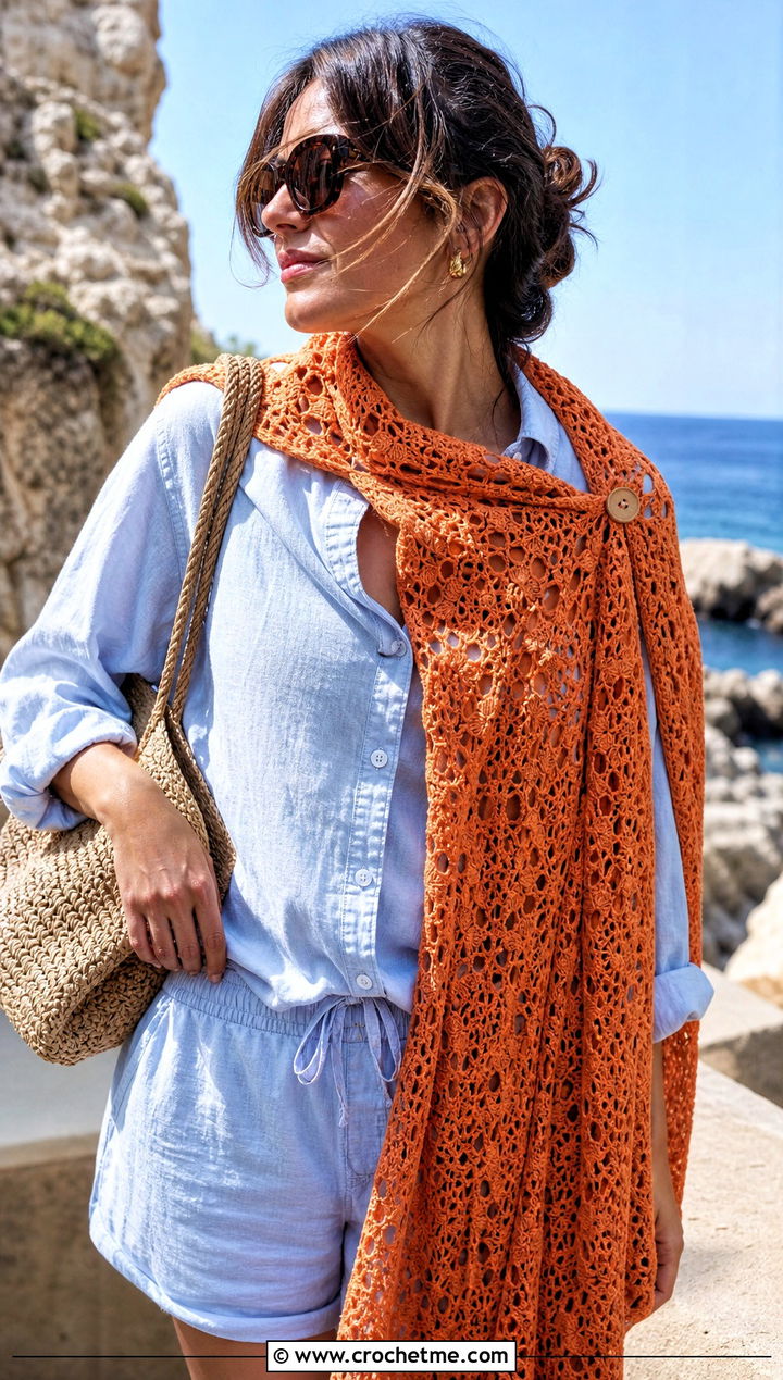 Lace Mesh Button Scarf With Linen Outfit - 15 Button Crochet Scarf outfit ideas