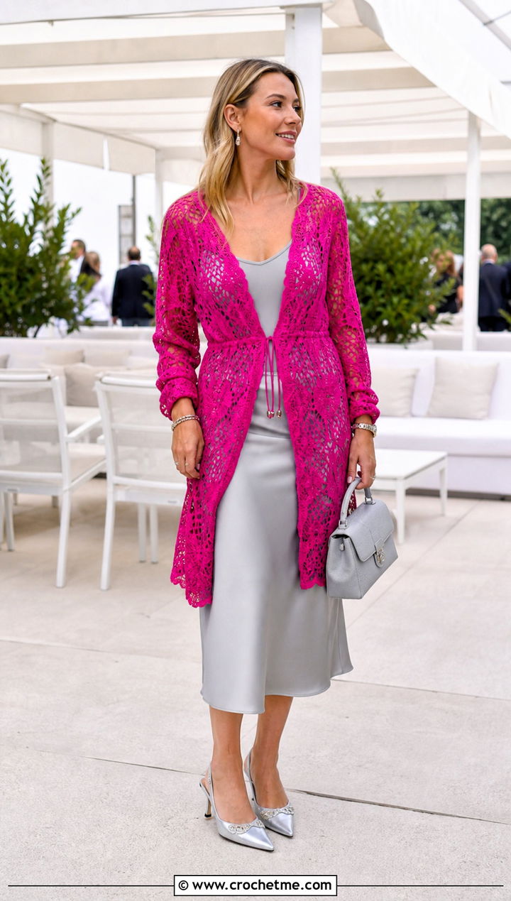 Lace Mesh Buttoned Crochet Wrap With Satin Skirt - 15 Buttoned Crochet Wrap outfit ideas