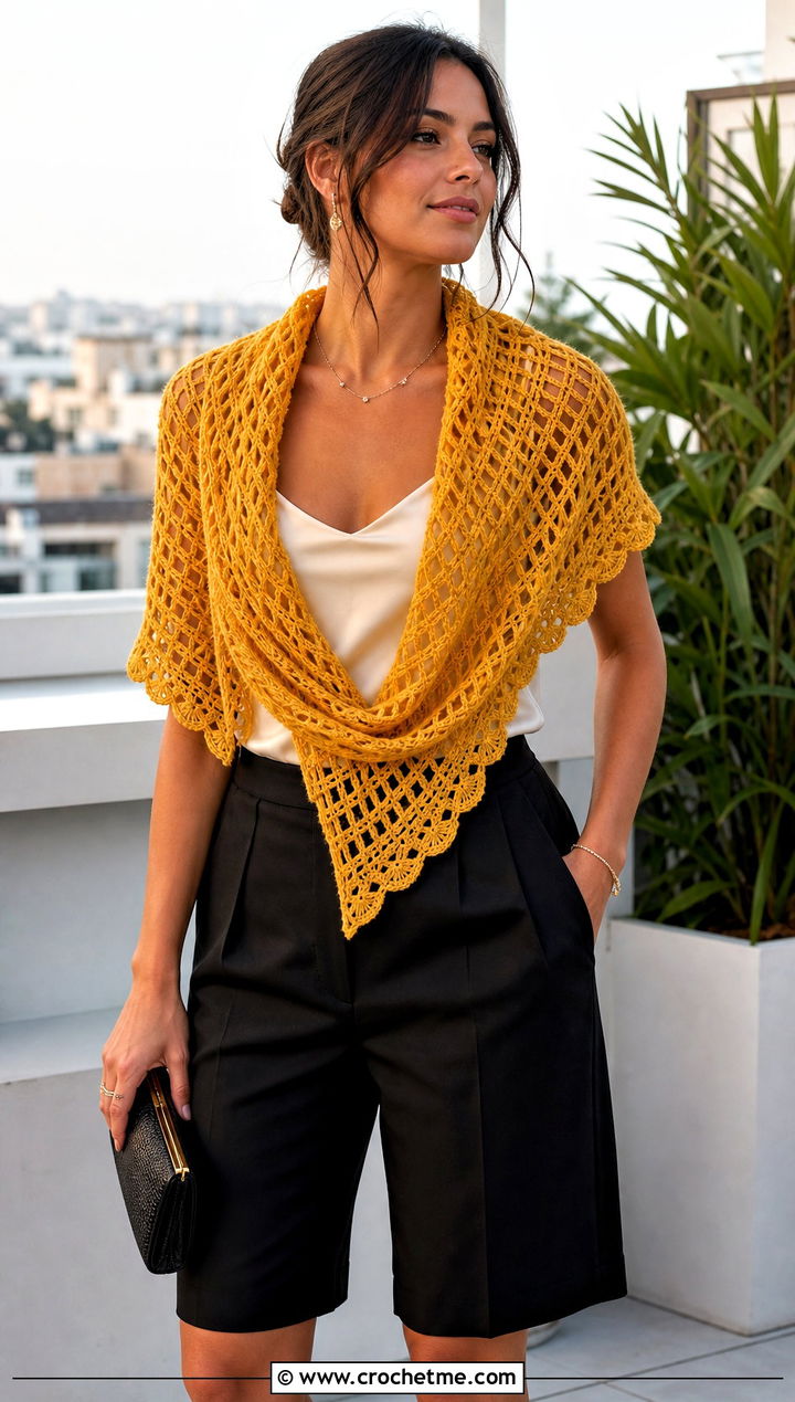 Lace Mesh C C Triangle Scarf With Satin Camisole And Shorts - 35 c2c crochet scarf outfit ideas