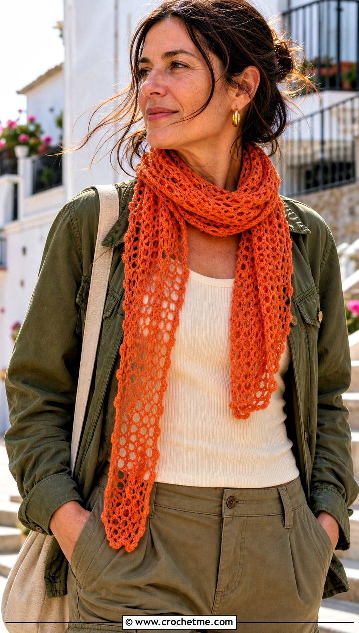 Lace Mesh Candy Scarf With Utility Jacket - 15 crochet candy scarf outfit ideas