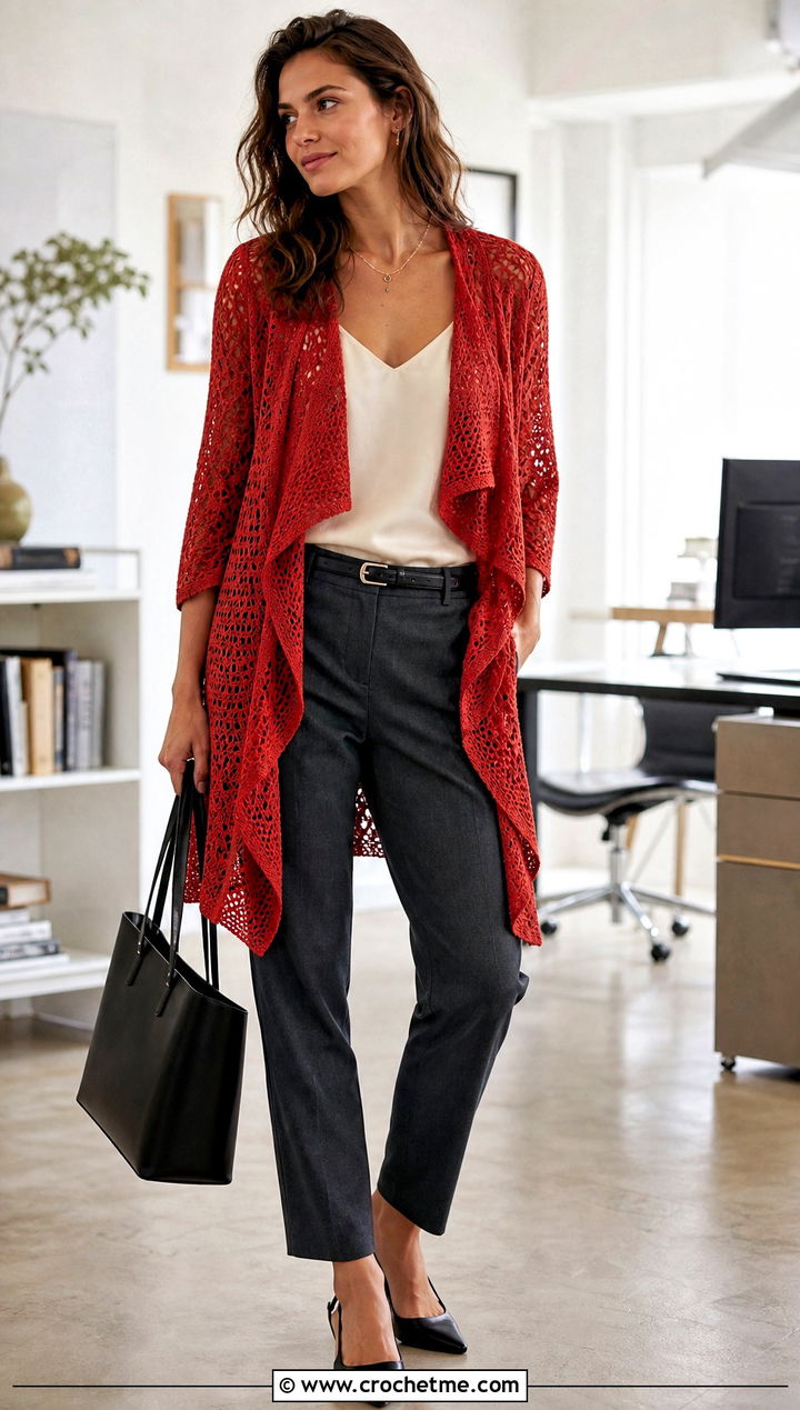 Lace Mesh Cascade Crochet Cardigan With Tailored Trousers - 15 cascade crochet cardigan outfit ideas