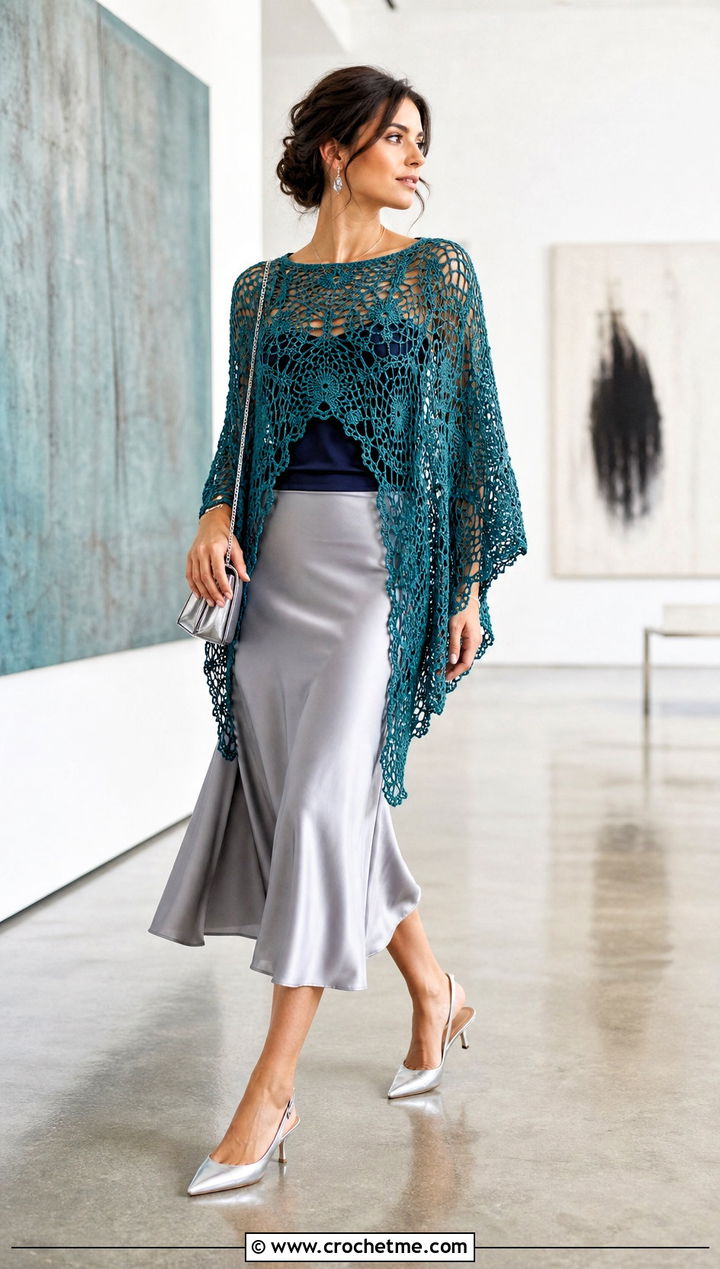 Lace Mesh Circular Poncho With Satin Midi Skirt - 25 Crochet Circular Poncho outfit ideas