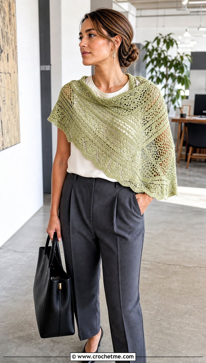 Lace Mesh Crescent Shawl With Tailored Trousers - 30 boho crochet shawl outfit ideas