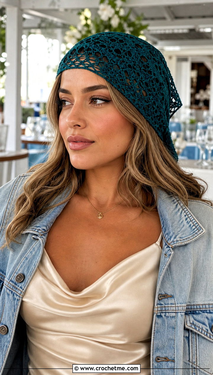Lace Mesh Crochet Bandana With Satin Slip Dress - 25 crochet bandana hair scarf outfit ideas
