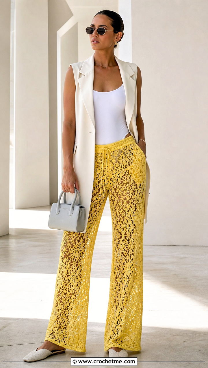 Lace Mesh Crochet Beach Trousers With Longline Vest - 25 Crochet Beach Trousers outfit ideas