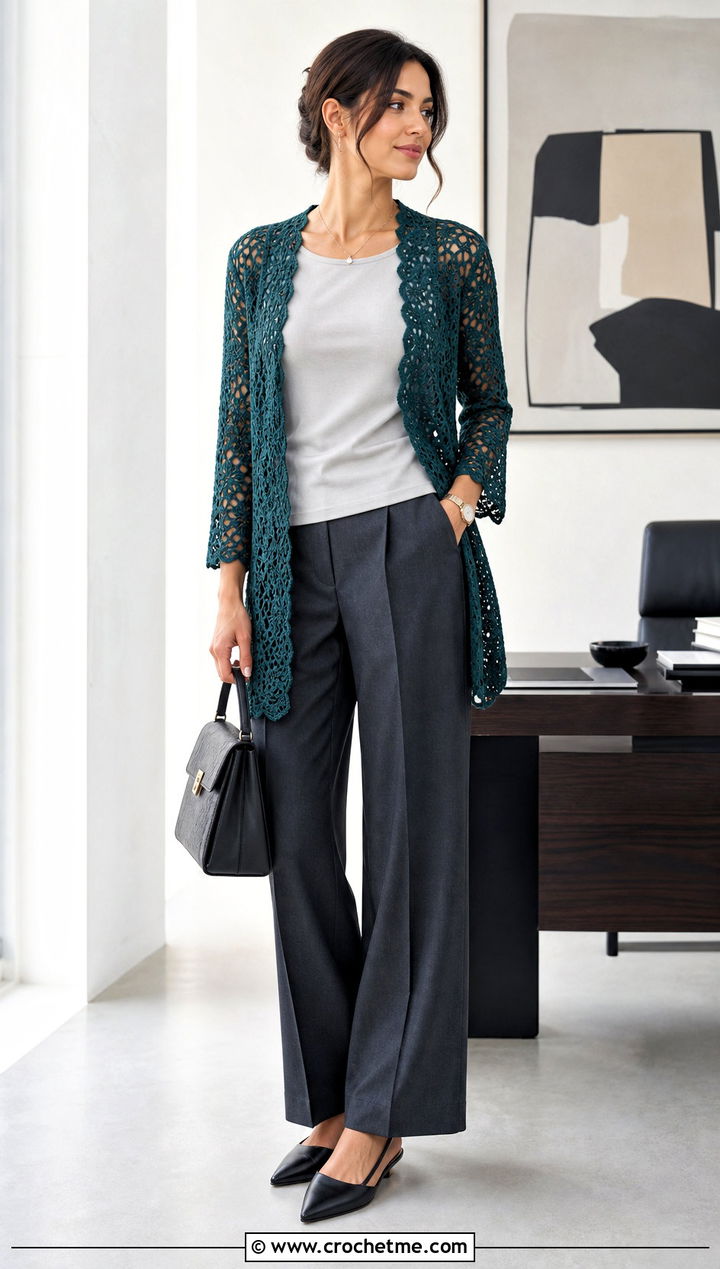 Lace Mesh Crochet Bed Jacket With Tailored Trousers - 25 Crochet Bed Jackets outfit ideas