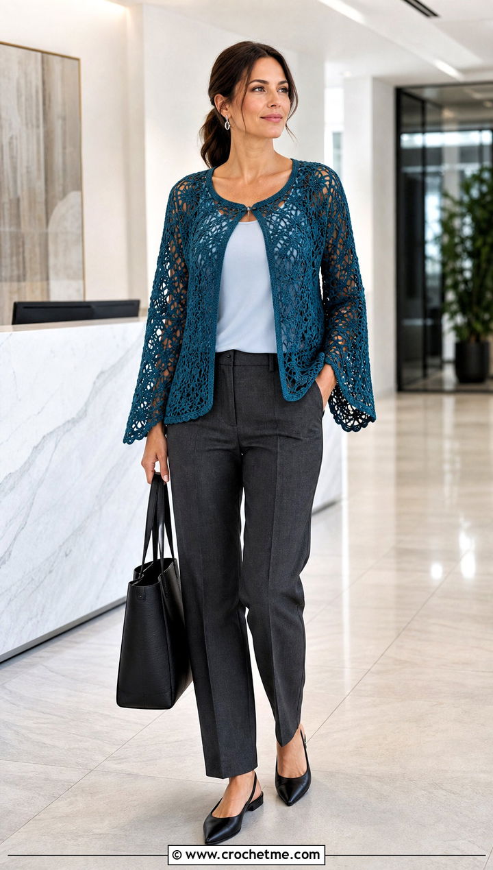 Lace Mesh Crochet Bell Sleeve Cardigan With Tailored Trousers - 30 crochet bell sleeve cardigan outfit ideas