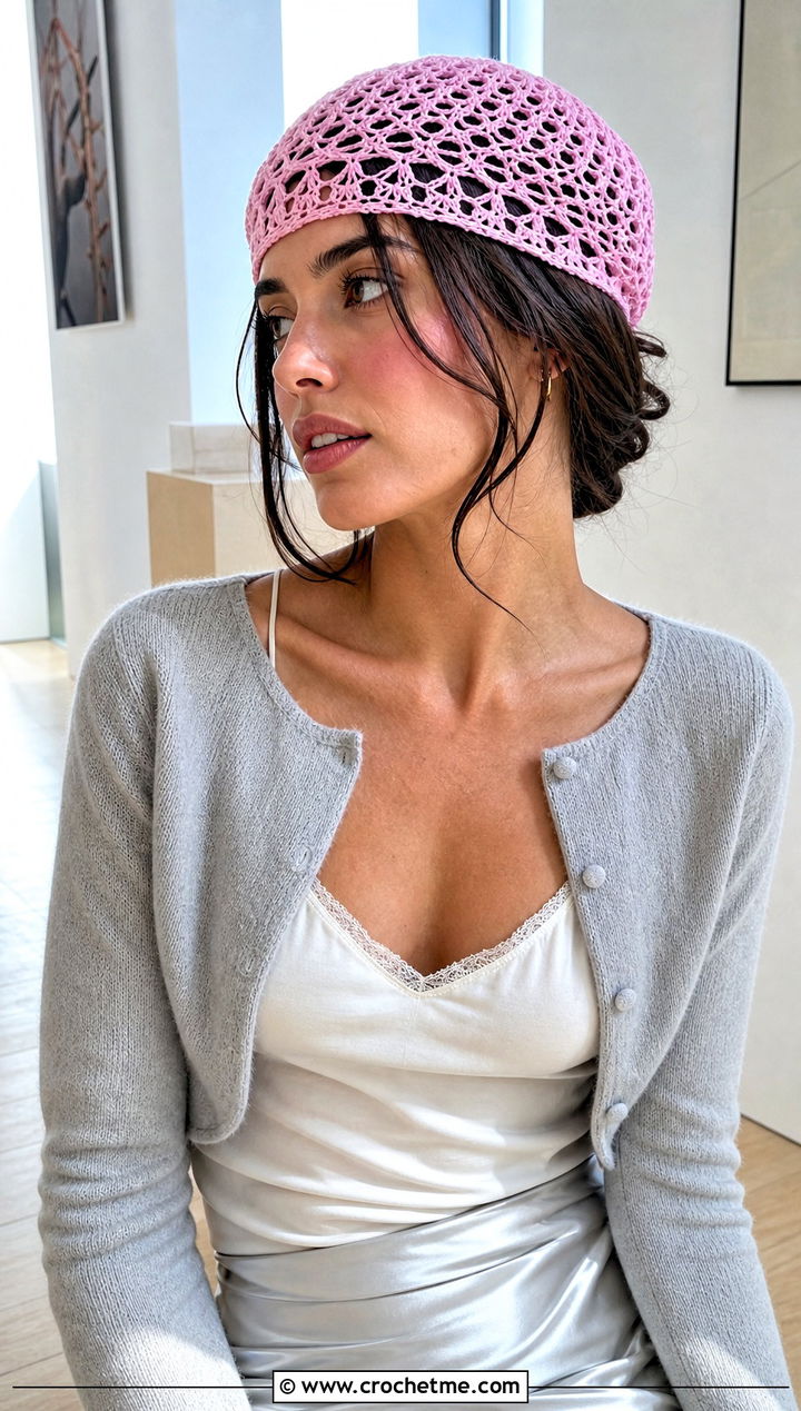 Lace Mesh Crochet Beret With Cardigan And Satin Skirt - 15 Womens Crochet Beret outfit ideas