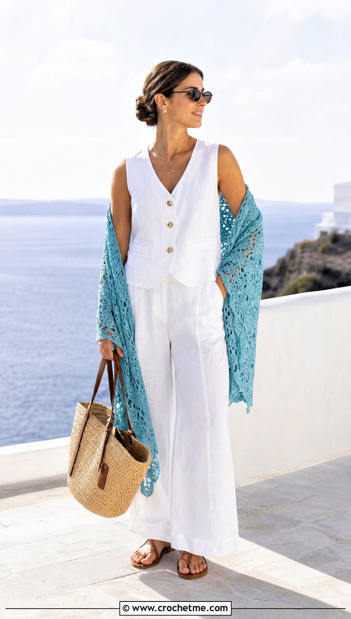 Lace Mesh Crochet Blanket Shawl With Linen Set - 15 Crochet Shawl Blanket outfit ideas
