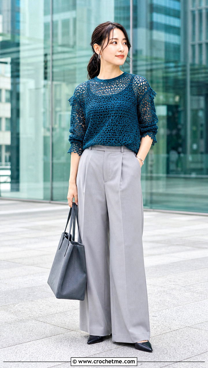 Lace Mesh Crochet Blouse With Tailored Trousers - 15 quick crochet blouse outfit ideas