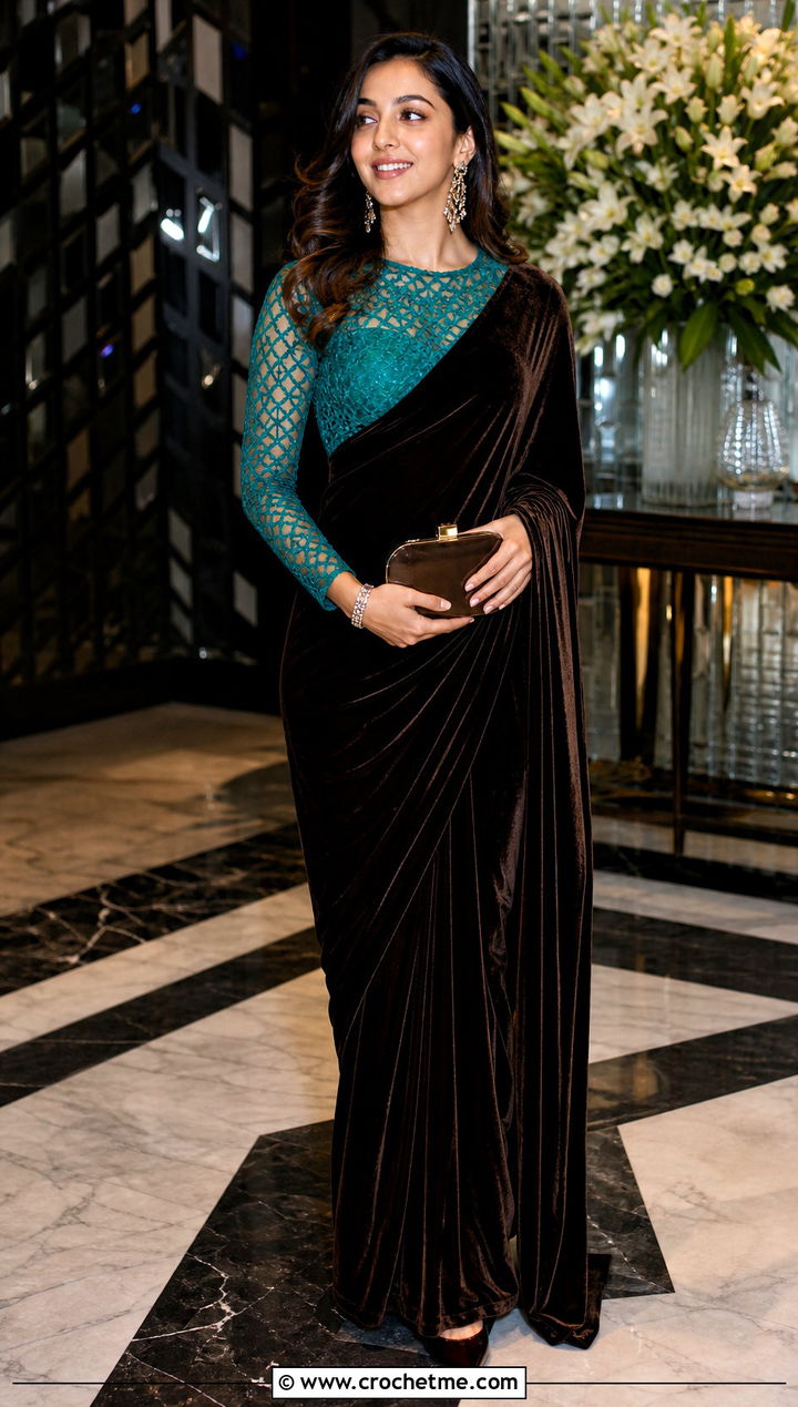 Lace Mesh Crochet Blouse With Velvet Saree - 35 Crochet Blouse For Saree outfit ideas