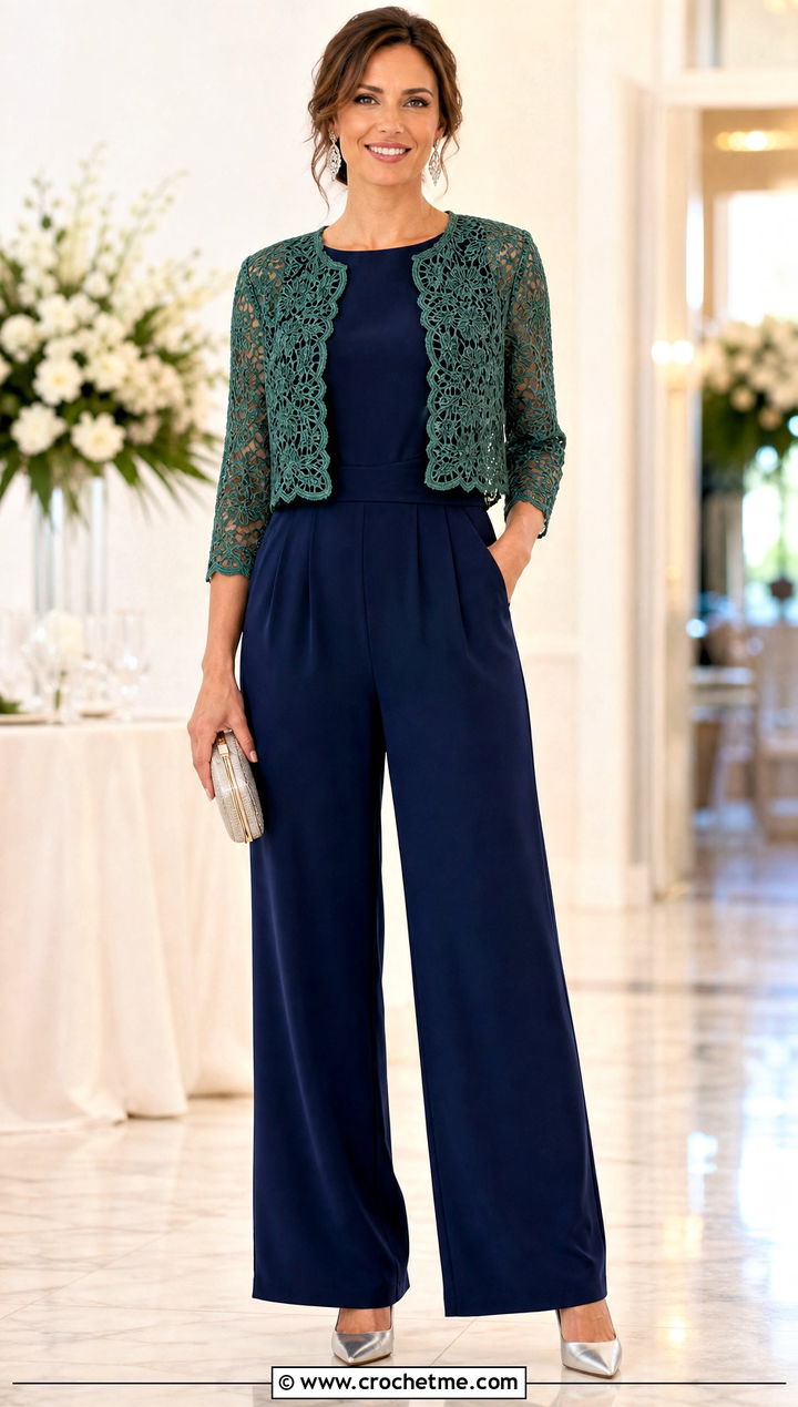 Lace Mesh Crochet Bolero With Formal Jumpsuit - 25 Crochet Mesh Bolero outfit ideas
