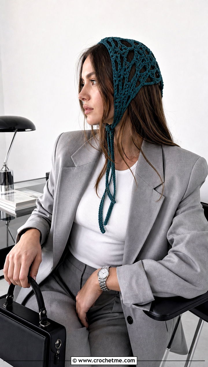 Lace Mesh Crochet Bonnet With Blazer And Trousers - 25 Easy Crochet Bonnet outfit ideas