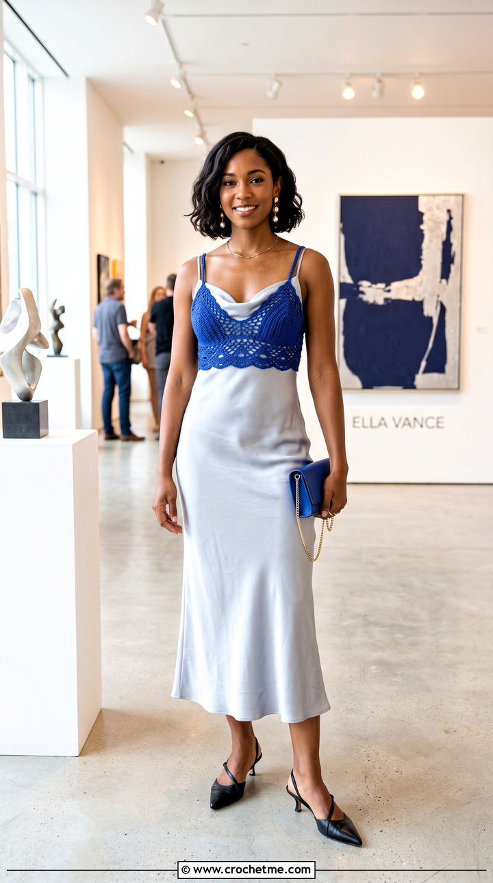 Lace Mesh Crochet Bra Over A Slip Dress - 35 crochet bra outfit ideas