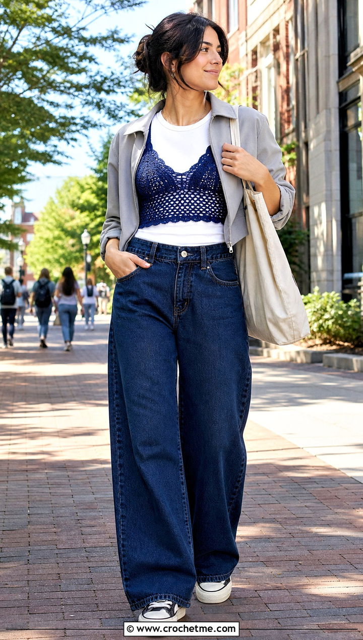 Lace Mesh Crochet Bralette With Wide Leg Jeans - 15 simple crochet bralette outfit ideas
