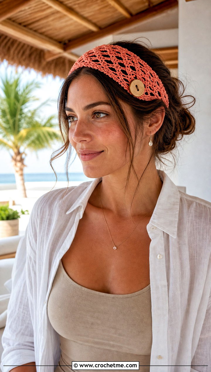 Lace Mesh Crochet Button Headband With Linen Set - 15 Crochet Button Headband outfit ideas