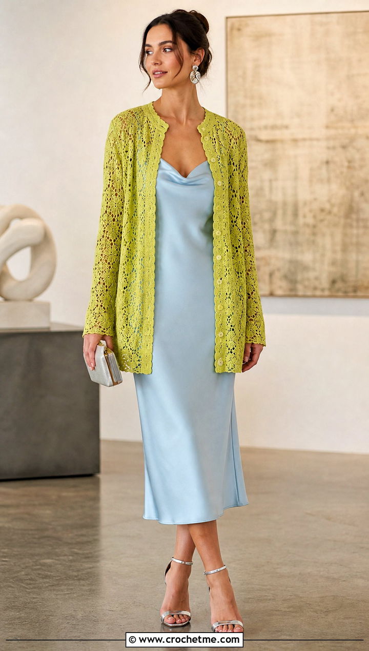 Lace Mesh Crochet Button Up Cardigan With Satin Slip Dress - 25 Crochet Button Up Cardigan outfit ideas