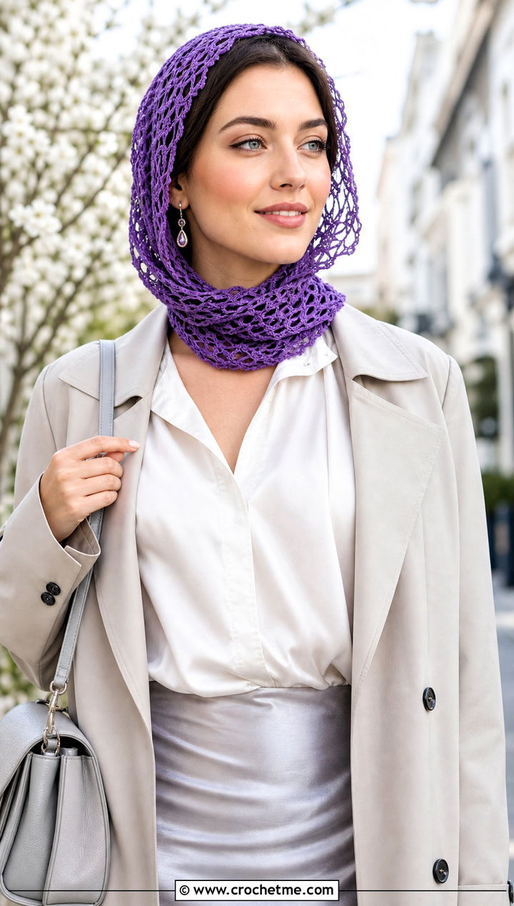 Lace Mesh Crochet Cap Scarf With Trench Coat - 25 Crochet Cap Scarf outfit ideas
