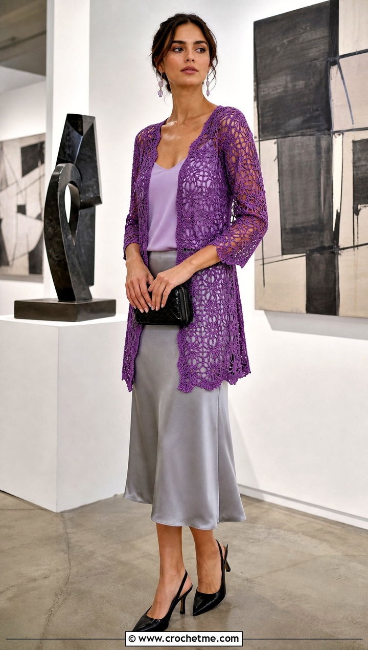 Lace Mesh Crochet Cardigan With Satin Midi Skirt - 20 crochet for ladies cardigans outfit ideas