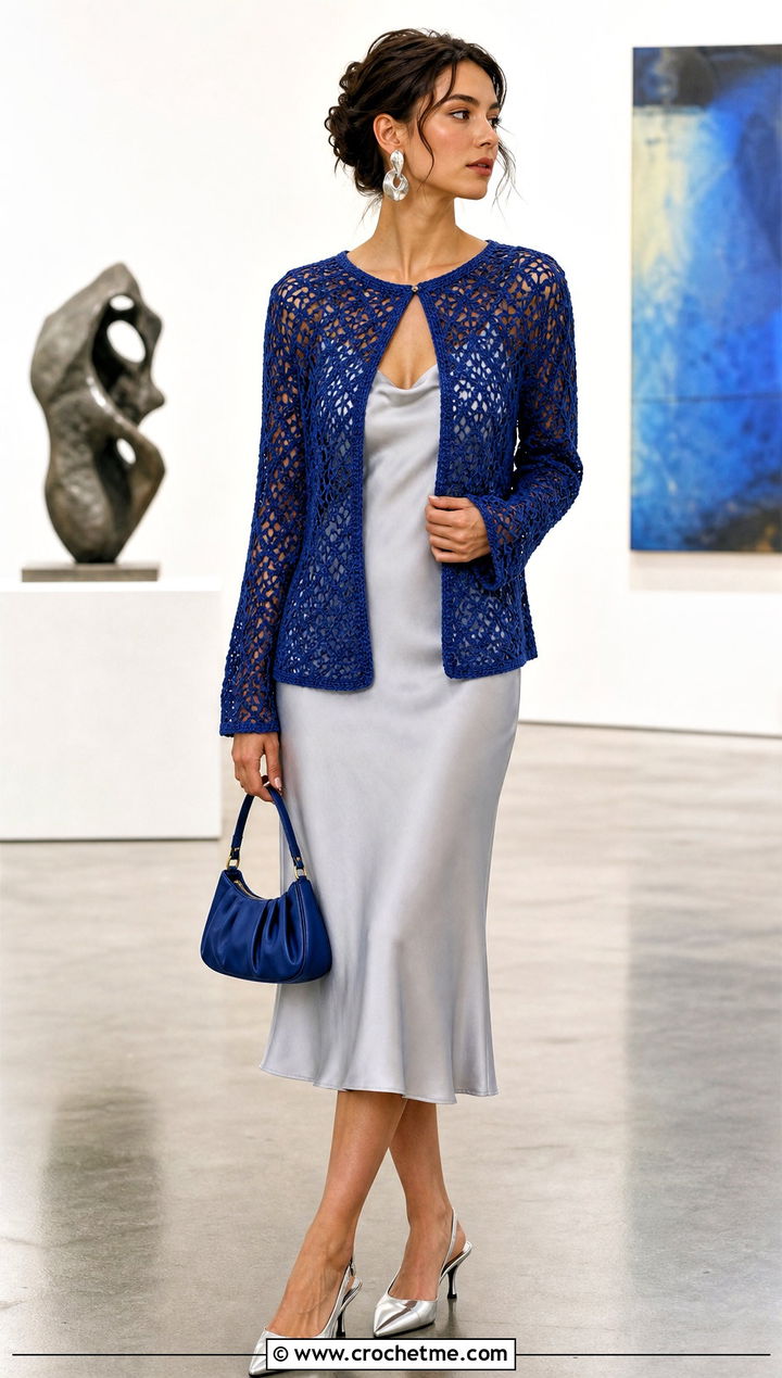 Lace Mesh Crochet Cardigan With Satin Slip Dress - 15 Crochet Womens Cardigans outfit ideas