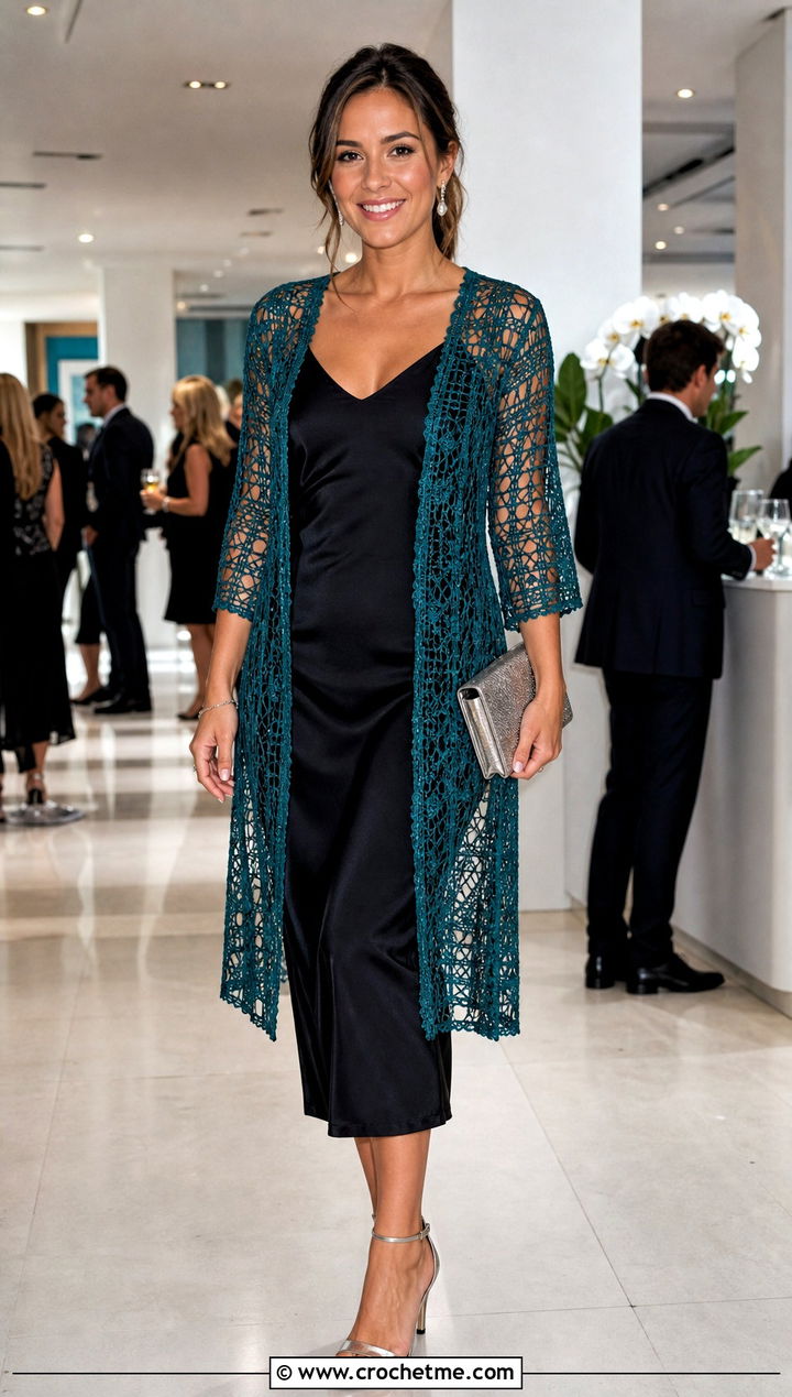 Lace Mesh Crochet Cardigan With Slip Dress - 30 crochet women's cardigan outfit ideas
