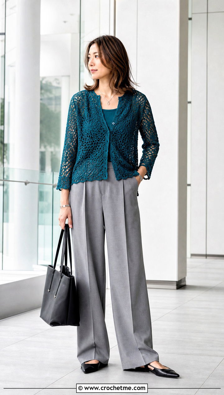 Lace Mesh Crochet Cardigan With Tailored Trousers - 20 Crochet Fancy Cardigan outfit ideas