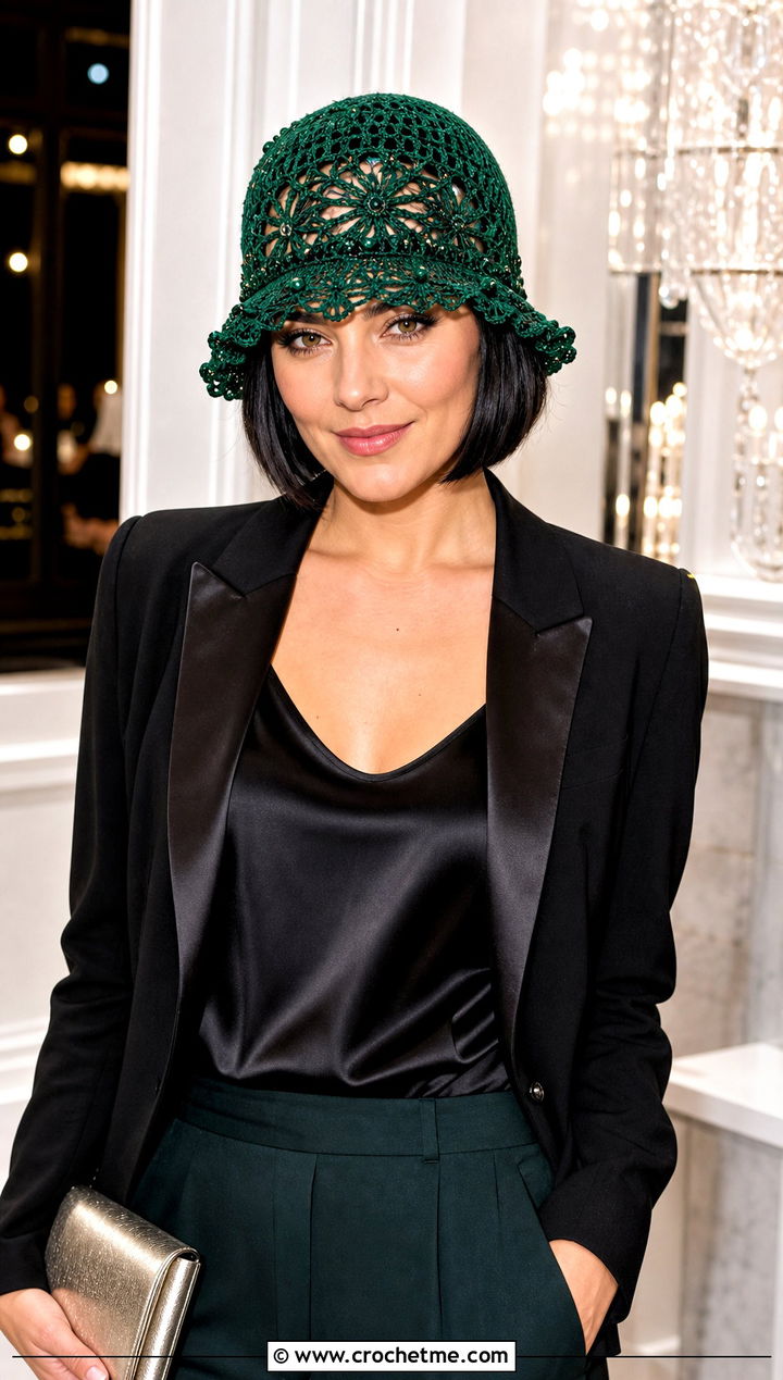 Lace Mesh Crochet Cloche With Monochrome Evening Suit - 20 Fancy Crochet Hat outfit ideas