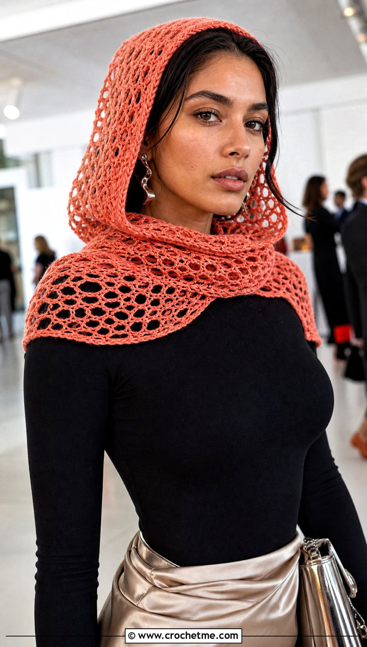 Lace Mesh Crochet Cowl Hood With Satin Skirt - 25 crochet cowl hood outfit ideas