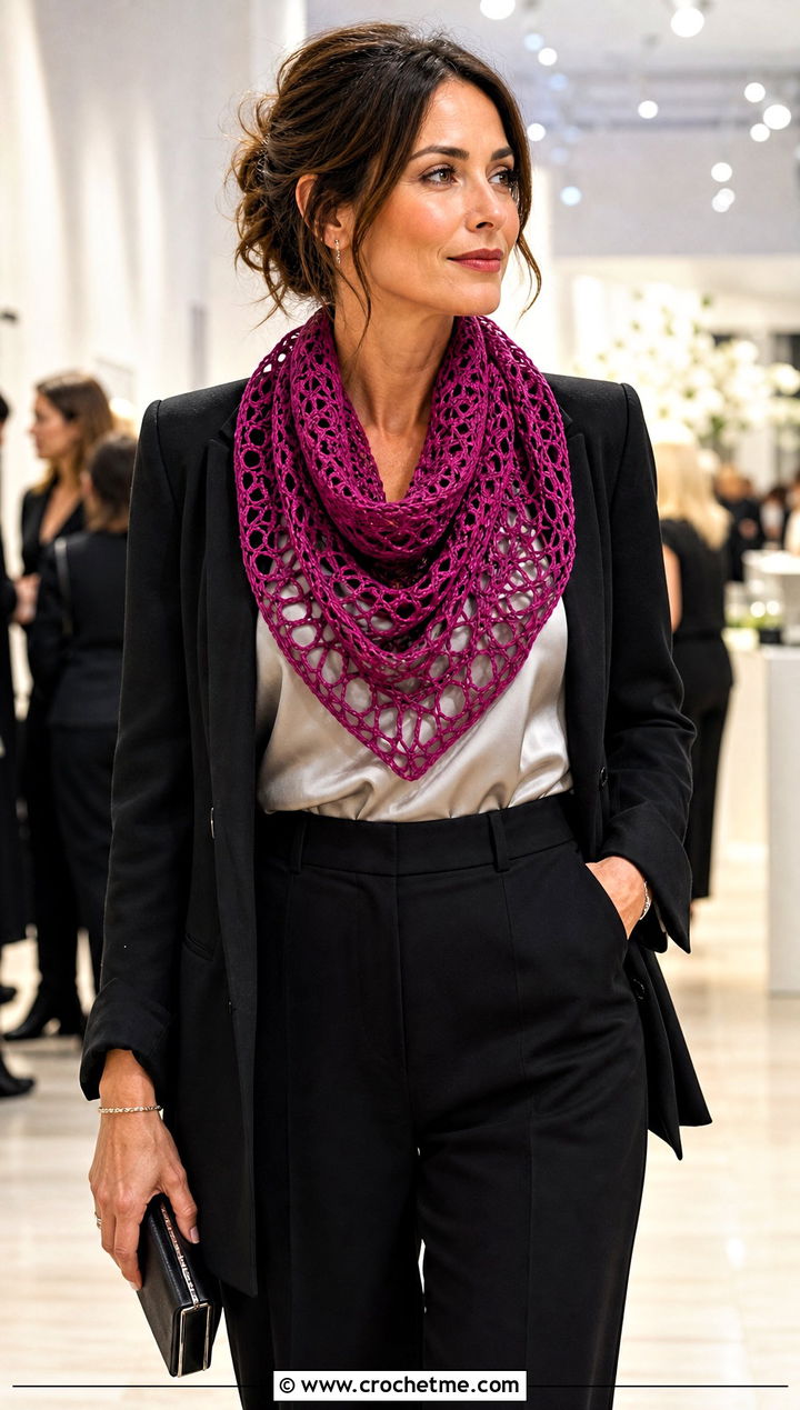 Lace Mesh Crochet Cowl With Satin Blouse - 25 cowl crochet scarf outfit ideas