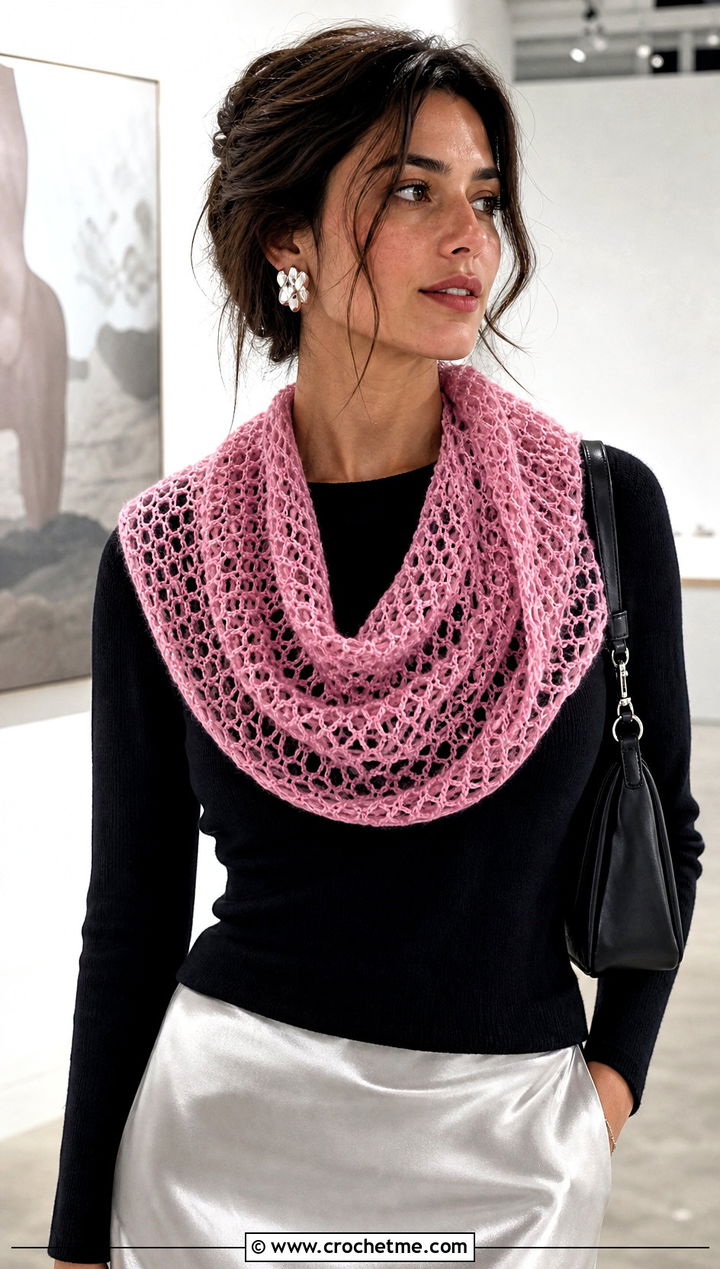 Lace Mesh Crochet Cowl With Satin Midi Skirt - 15 1 Skein Crochet Cowl outfit ideas