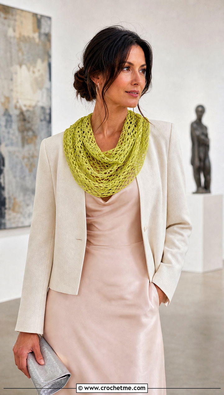 Lace Mesh Crochet Cowl With Slip Dress - 20 Simple Crochet Cowl outfit ideas