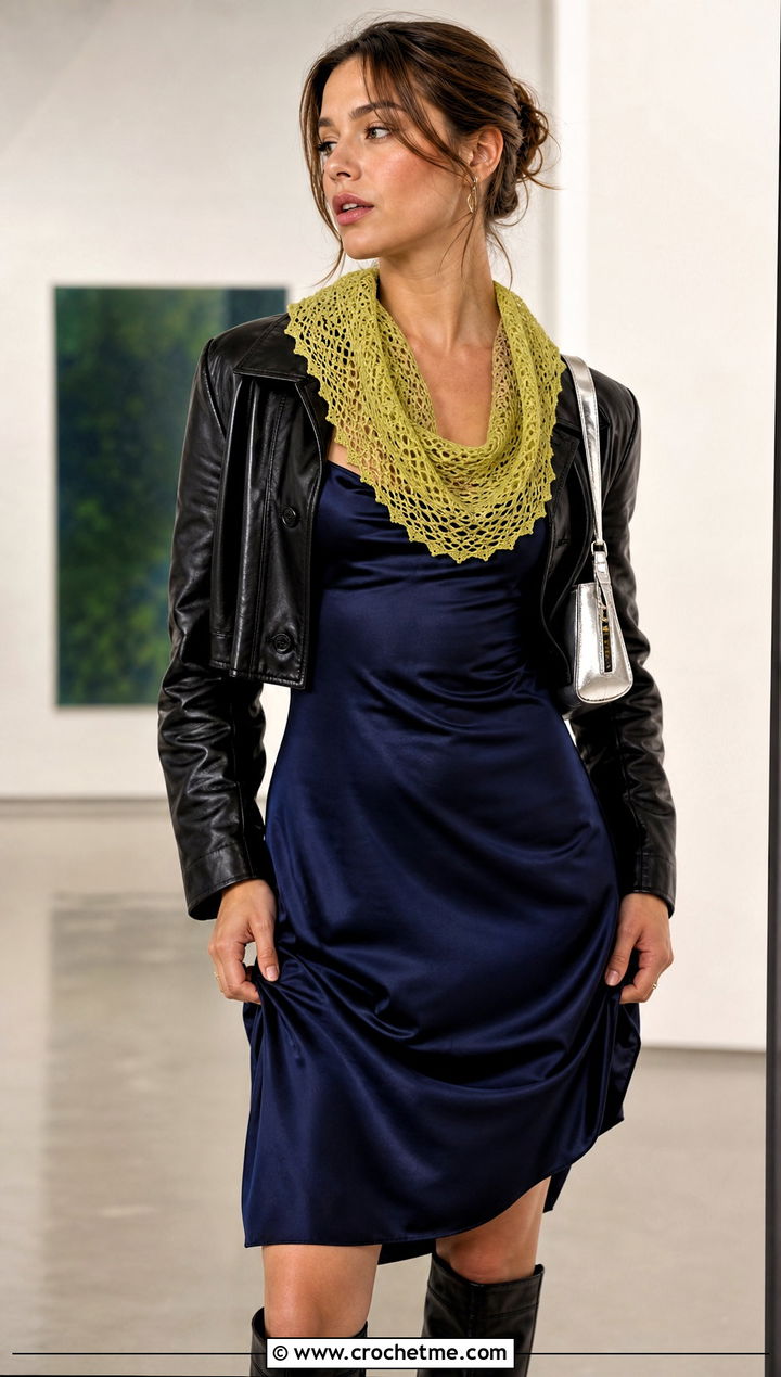 Lace Mesh Crochet Cowl With Slip Dress And Boots - 15 Crochet For Cowl Scarf outfit ideas