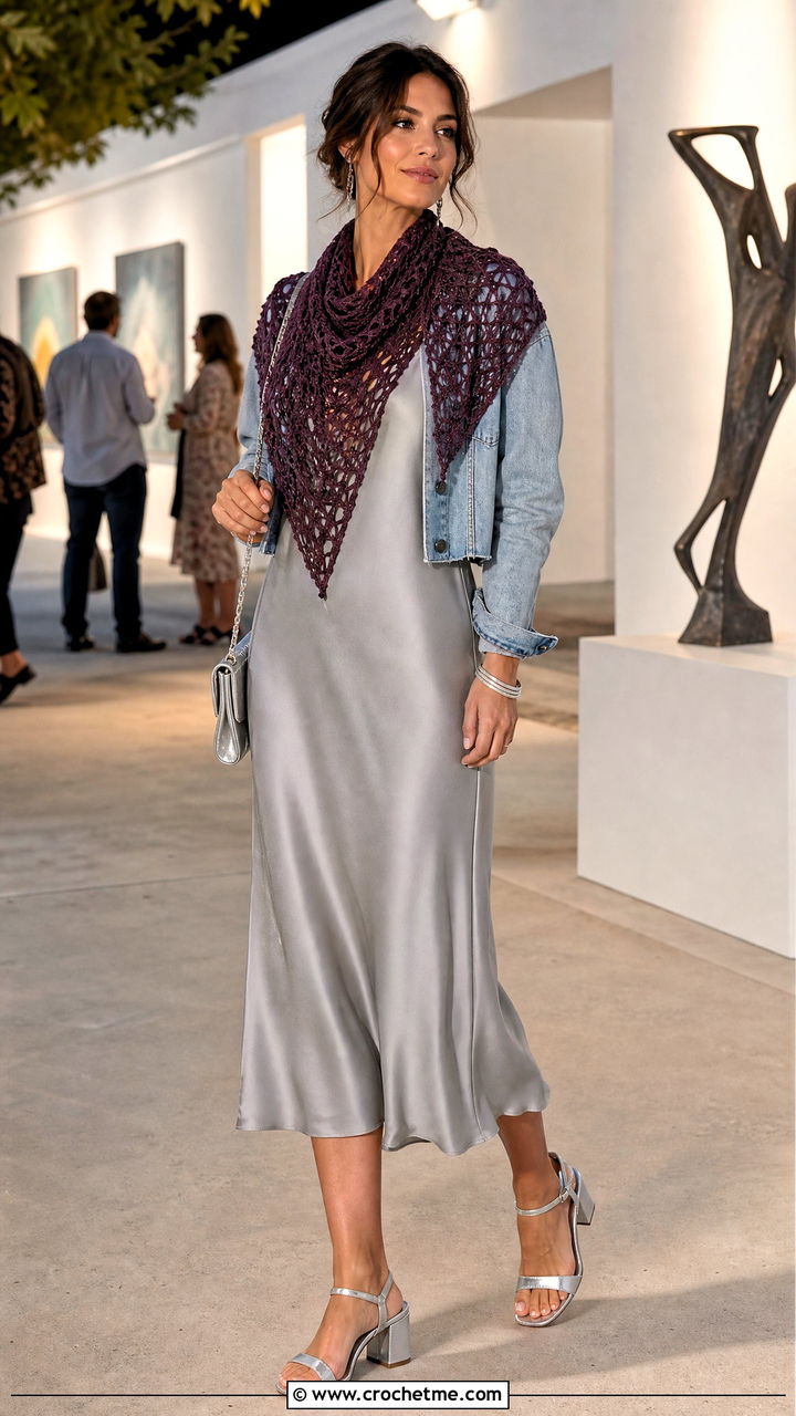 Lace Mesh Crochet Cowl With Slip Dress - 35 crochet cowl outfit ideas