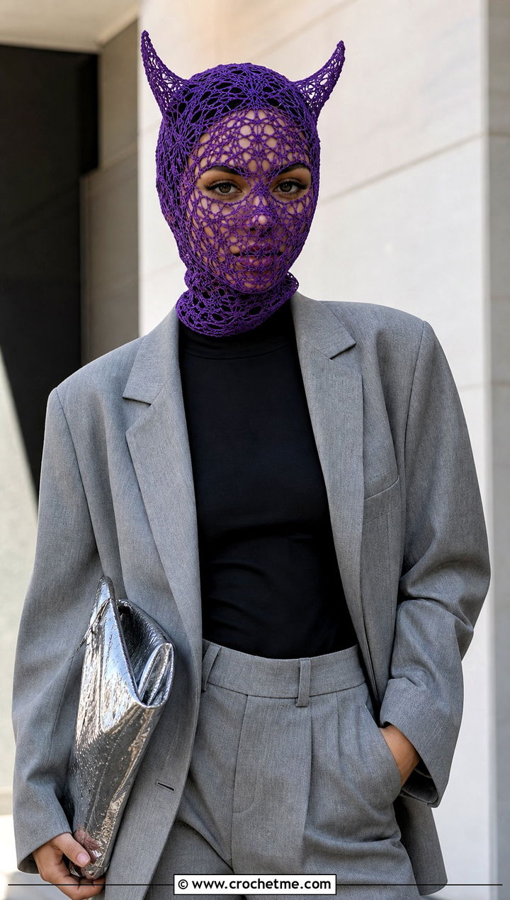 Lace Mesh Crochet Devil Horn Balaclava With Oversized Suit - 20 crochet devil horn balaclava outfit ideas
