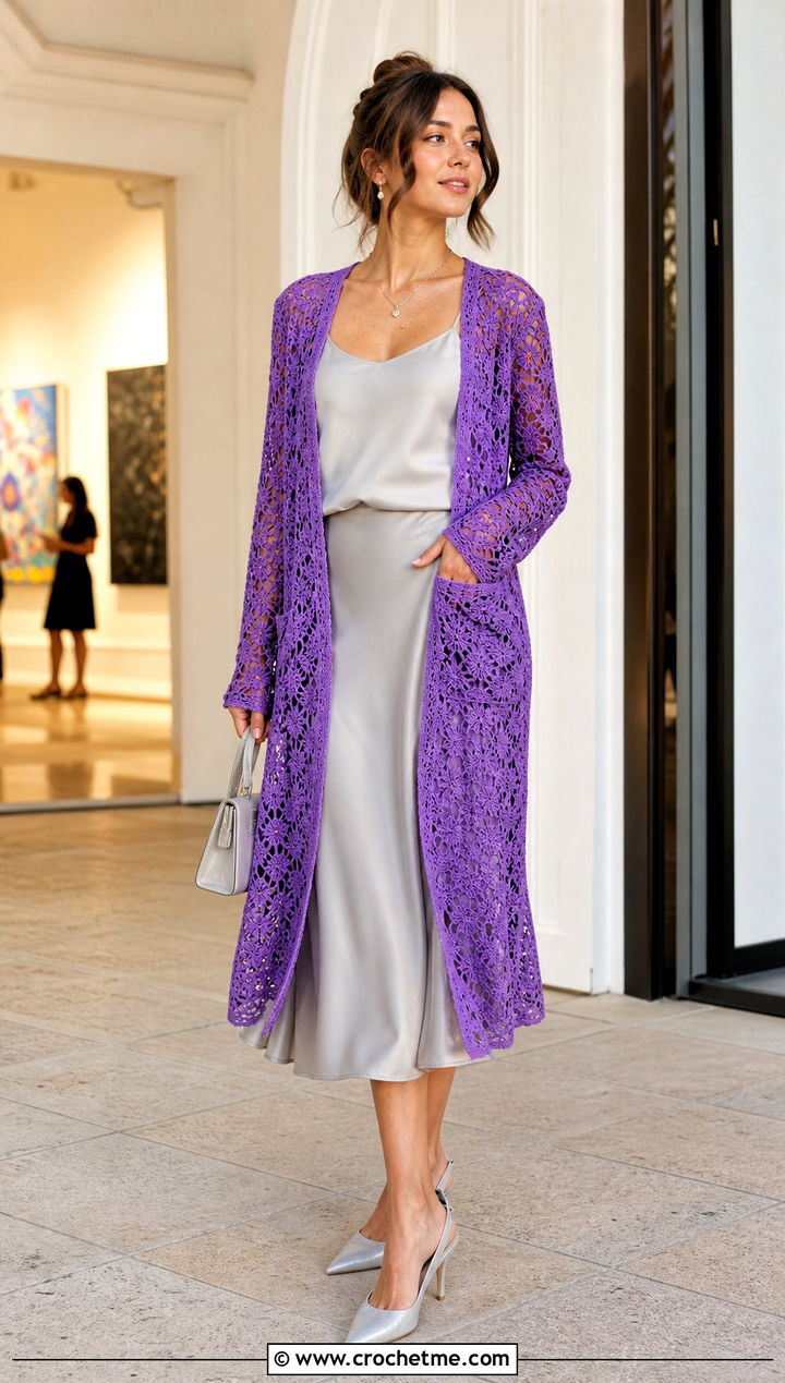 Lace Mesh Crochet Duster Cardigan With Satin Skirt - 15 crochet long cardigan with pockets outfit ideas