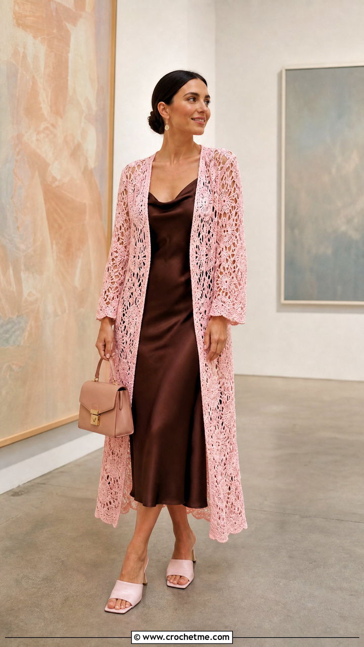 Lace Mesh Crochet Duster Cardigan With Slip Dress - 35 crochet duster cardigan outfit ideas