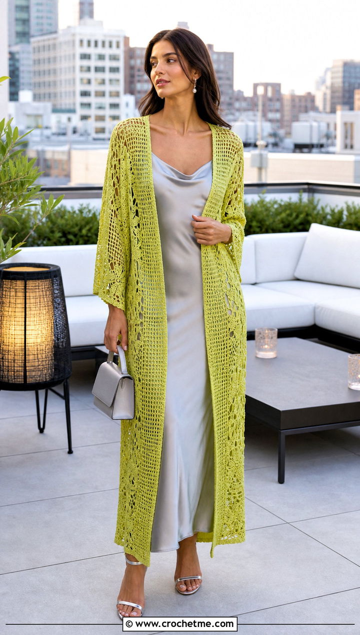 Lace Mesh Crochet Duster With Satin Slip Dress - 35 crochet long coat outfit ideas
