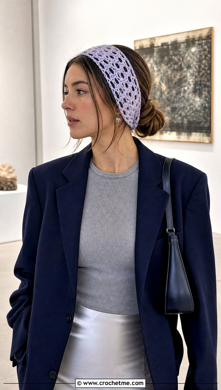 Lace Mesh Crochet Ear Warmer With Blazer And Satin Skirt - 30 crochet ear warmer headband outfit ideas