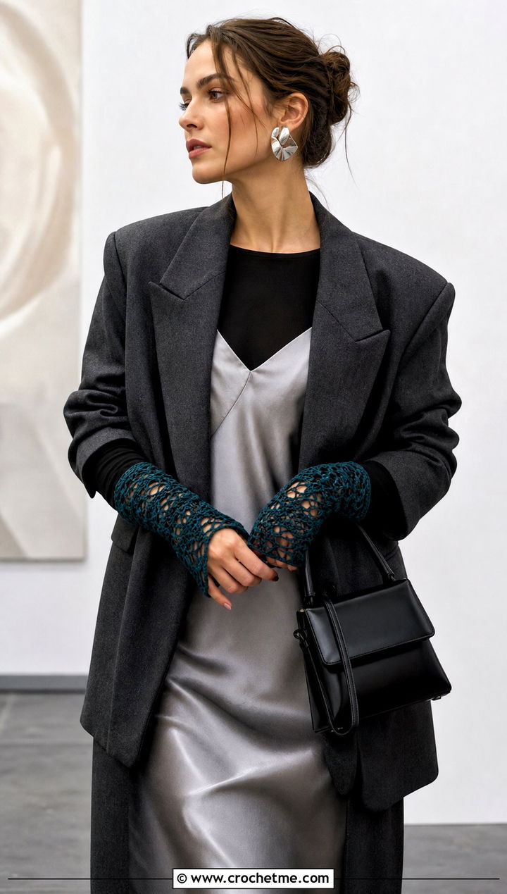 Lace Mesh Crochet Fingerless Arm Warmers With Satin Slip Dress And Blazer - 15 Crochet Fingerless Arm Warmers outfit ideas