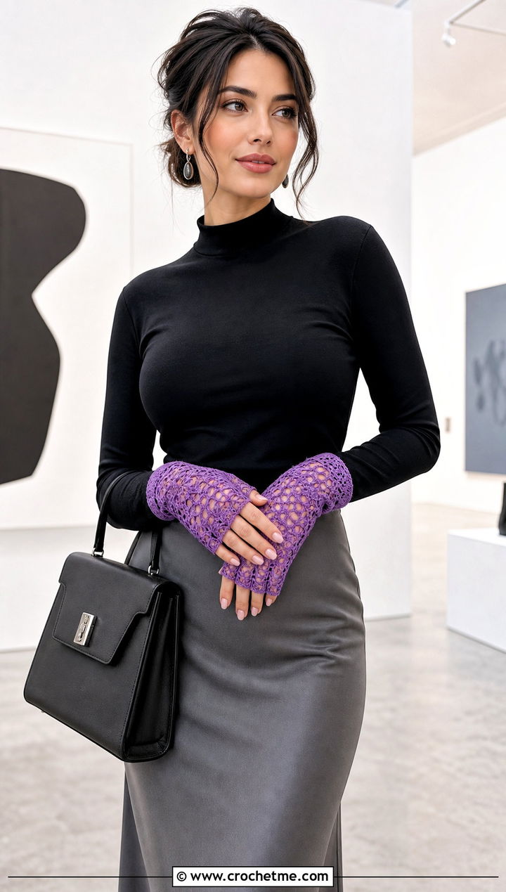 Lace Mesh Crochet Fingerless Gloves With Satin Skirt - 25 finger less crochet gloves outfit ideas