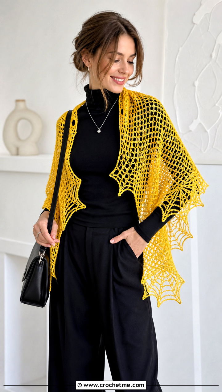 Lace Mesh Crochet Halloween Shawl With Monochrome Outfit - 20 Crochet Halloween Shawl outfit ideas