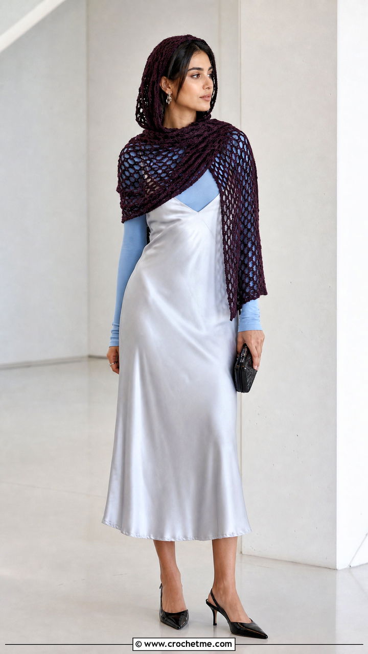 Lace Mesh Crochet Hood Scarf With Slip Dress - 35 crochet hood scarf outfit ideas