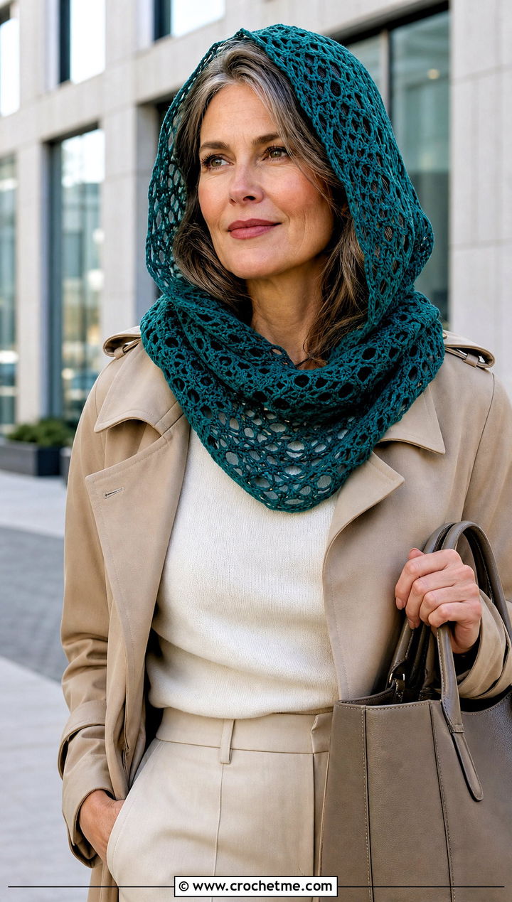 Lace Mesh Crochet Hooded Cowl With Trench Coat - 30 easy crochet hooded cowl outfit ideas