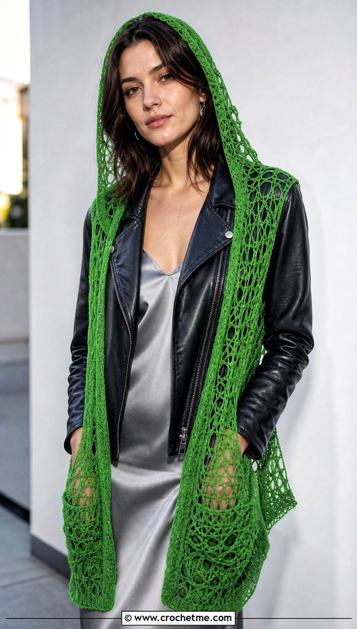 Lace Mesh Crochet Hooded Pocket Scarf With Leather Jacket - 25 crochet hooded pocket scarf outfit ideas