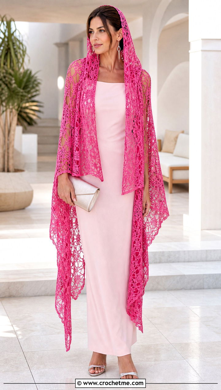 Lace Mesh Crochet Hooded Shawl With Column Dress - 35 crochet hooded shawl outfit ideas